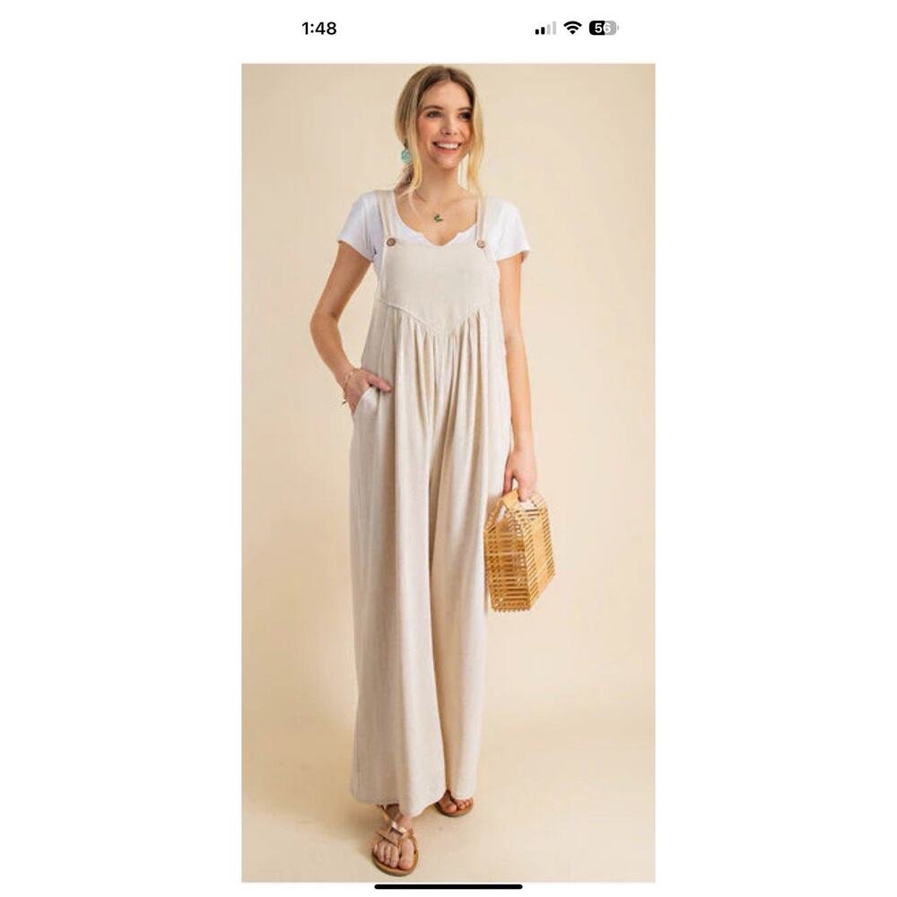 Kori America Overalls Womens Large Wide Leg‎ Cropped khaki Linen Blend Jumpsuit